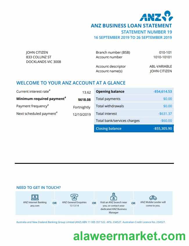 Australia ANZ proof of address bank statement template